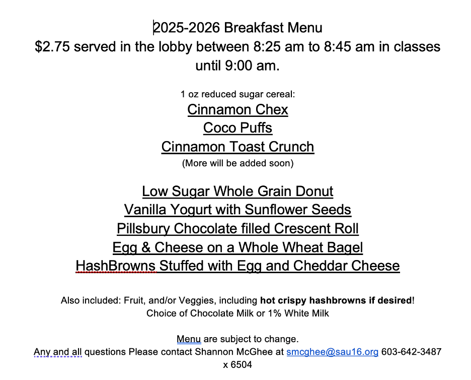 Breakfast menu